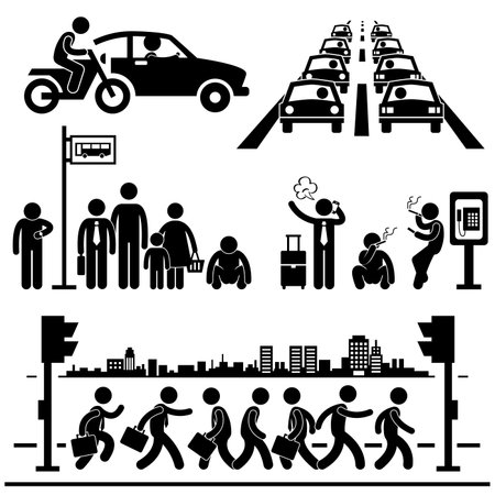 Urban City Life Metropolitan Hectic Street Traffic Busy Rush Hour People Man Stick Figure Pictogram Iconのイラスト素材
