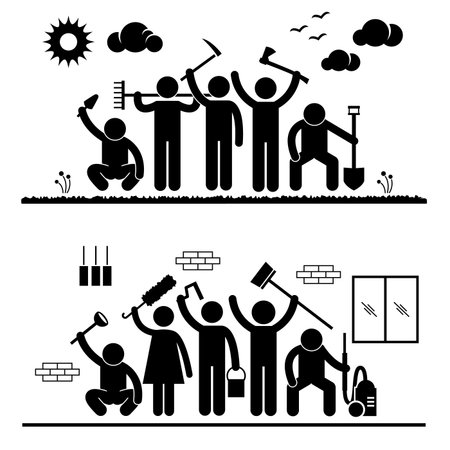 Community Effort People Humanity Volunteer Group Cleaning Outdoor Park Indoor House Stick Figure Pictogram Iconのイラスト素材