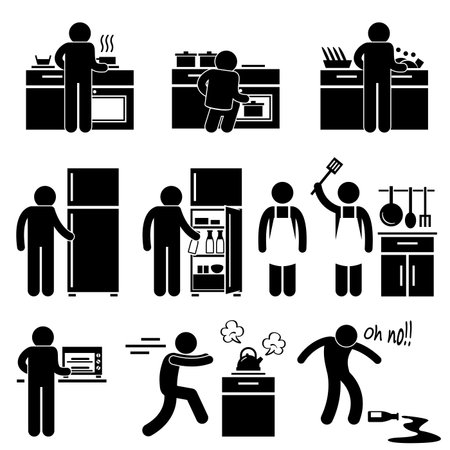 Man Cooking Kitchen Using Washing Equipment Stick Figure Pictogram Iconのイラスト素材