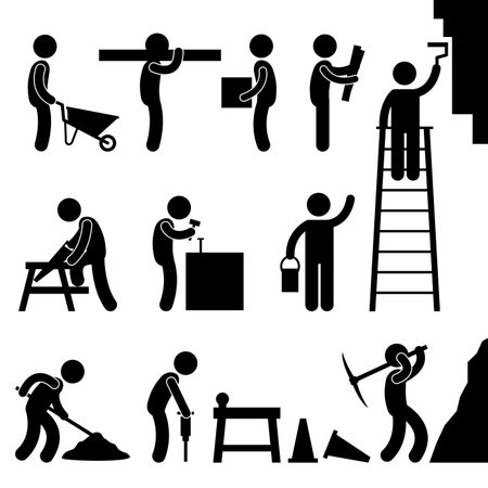 Man People Working Construction Carrying Building Industry Painting Sawing Hard Labor Pictogram Icon Symbol Signのイラスト素材
