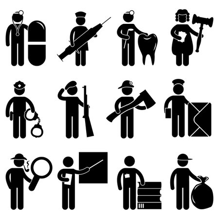 Doctor Nurse Dentist Judge Policeman Army Fireman Firefighter Postman Detective teacher Librarian Garbage Collector Job Occupation Sign Pictogram Symbol Iconのイラスト素材