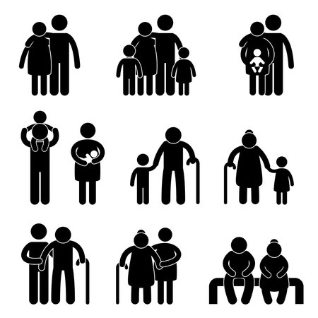 Happy Family Father Mother Grandmother Grandfather Children Son Daughter Baby Infant Toddler Old Man Woman Grandchildren Husband Wife Parent Together Icon Sign Symbol Pictogramのイラスト素材