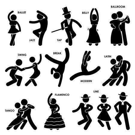 Dancing Dancer Ballet Jazz Tap Belly Ballroom Swing Break Modern Latin Tango Flamenco Line Stick Figure Pictogram Icon