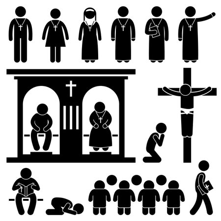 Christian Religion Culture Tradition Church Prayer Priest Pastor Nun Stick Figure Pictogram Iconのイラスト素材