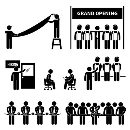 Business Grand Opening Scissor Cutting Ribbon Hiring Employment Job Interview Stick Figure Pictogram Iconのイラスト素材