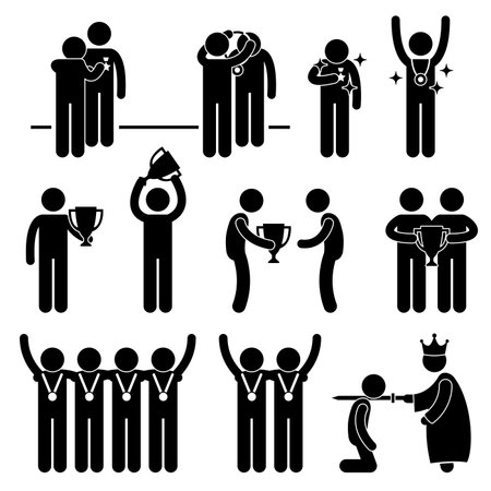 Man Receiving Award Trophy Medal Reward Prize Knighted Honour Honor Ceremony Event Stick Figure Pictogram Iconのイラスト素材