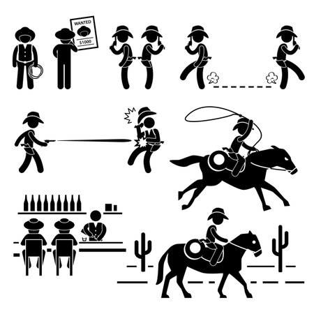 Cowboy Wild West Duel Bar Horse Stick Figure Pictogram Iconのイラスト素材