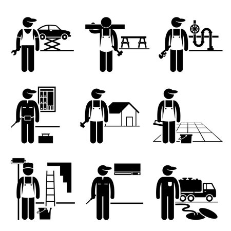 Handyman Labor Labour Skilled Jobs Occupations Careers - Car Mechanic, Carpenter, Plumber, Electrician, Roofer, Flooring, Painter, Air Conditioner Man, Septic Tank Serviceのイラスト素材