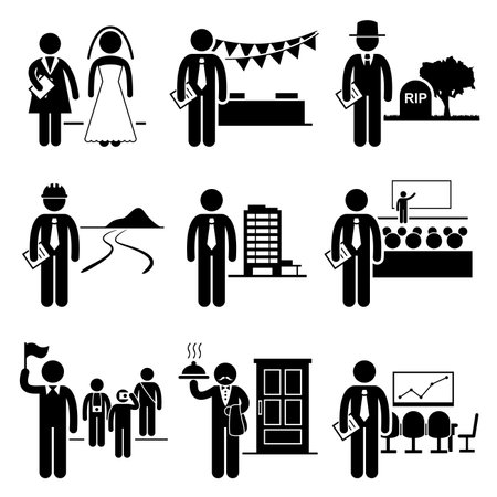 Administrative Management Services Jobs Occupations Careers - Wedding Planner, Event, Undertaker, Landscaper, Property Manager, Conference, Tour Guide, Butler, Meeting - Stick Figure Pictogramのイラスト素材