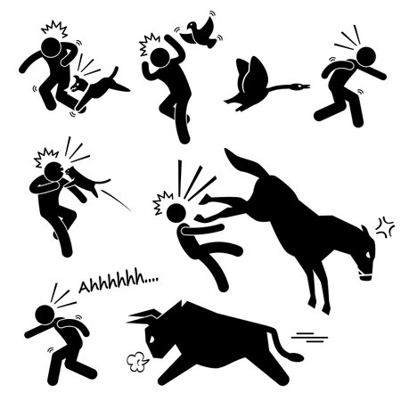 Domestic Animal Attacking Hurting Human Stick Figure Pictogram Iconのイラスト素材