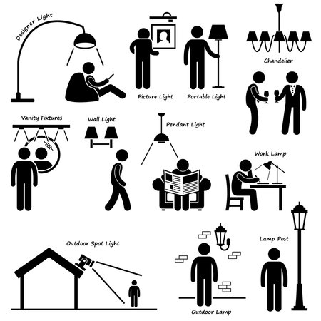 Home House Lighting Lamp Designs Stick Figure Pictogram Icon Clipartsのイラスト素材
