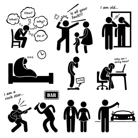 Midlife Crisis Middle Age Man Problem Stick Figure Pictogram Iconsのイラスト素材
