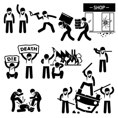Riot Rebel Revolution Protesters Demonstration Stick Figure Pictogram Iconsのイラスト素材