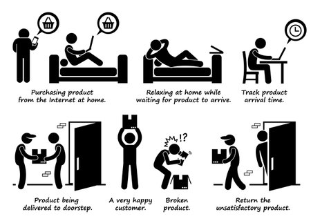Shopping Online Process Step by Step at Home Stick Figure Pictogram Iconsのイラスト素材