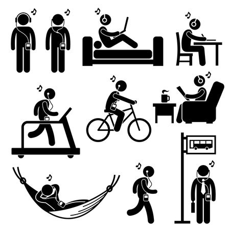 Man Listening to Music with Earphone Headphone Stick Figure Pictogram Icons Man Listening to Music with Earphone Headphone Stick Figure Pictogram Icons