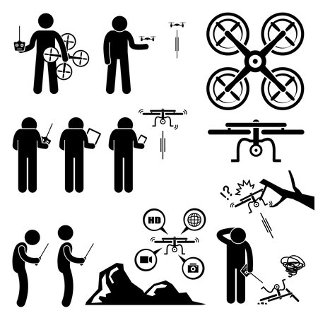 Man Controlling Flying Drone Quadcopter Stick Figure Pictogram Iconsのイラスト素材