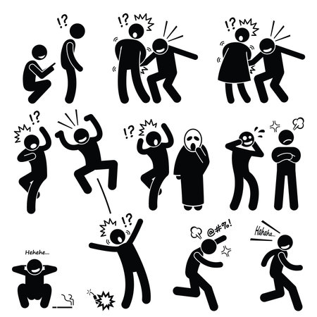 Funny People Prank Playful Actions Stick Figure Pictogram Iconsのイラスト素材