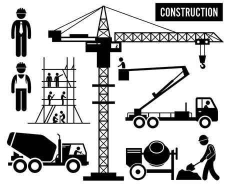 Construction Scaffolding Tower Crane Mixer Truck Sky Lift Heavy Industry Pictogramのイラスト素材