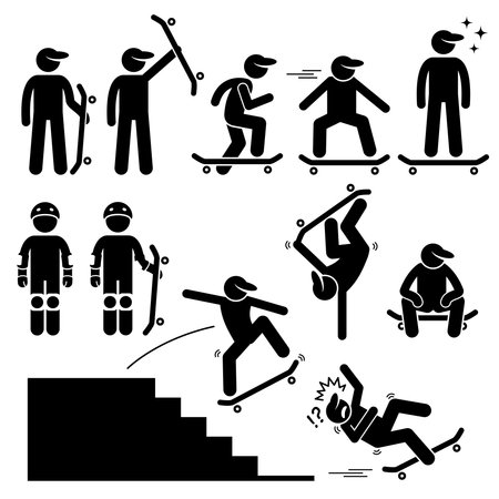 Skateboarder Skating on Skateboard Stick Figure Pictogram Iconsのイラスト素材