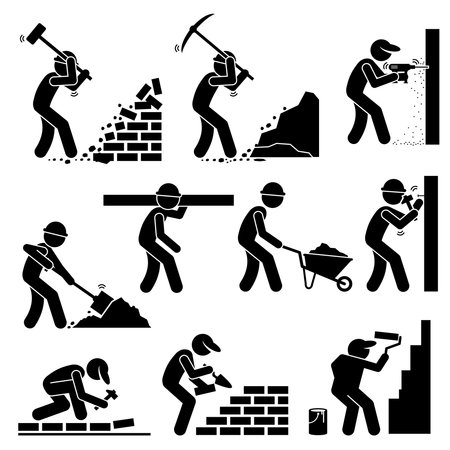 Builders Constructors Workers Building Houses with Tools and Equipment at Construction Siteのイラスト素材