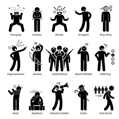 Negative Bad Personalities Character Traits. Stick Figures Man Icons. Starting with the Alphabet A.のイラスト素材