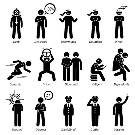 Positive Personalities Character Traits. Stick Figures Man Icons. Starting with the Alphabet D.のイラスト素材