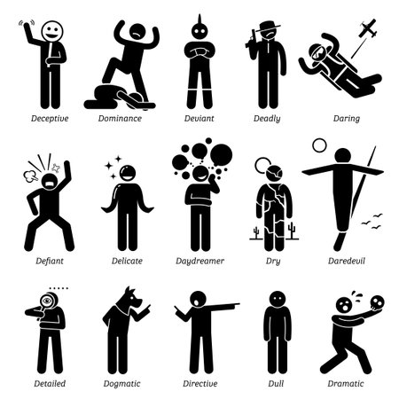 Neutral Personalities Character Traits. Stick Figures Man Icons. Starting with the Alphabet D.のイラスト素材