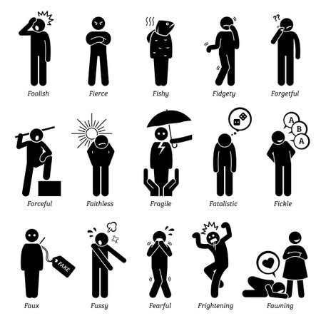 Negative Personalities Character Traits. Stick Figures Man Icons. Starting with the Alphabet F.のイラスト素材