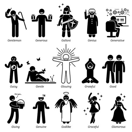 Positive Personalities Character Traits. Stick Figures Man Icons. Starting with the Alphabet G.のイラスト素材