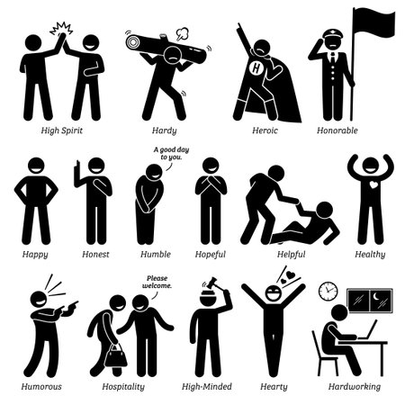 Positive Personalities Character Traits. Stick Figures Man Icons. Starting with the Alphabet H.のイラスト素材