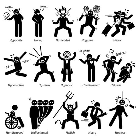 Negative Personalities Character Traits. Stick Figures Man Icons. Starting with the Alphabet H.のイラスト素材