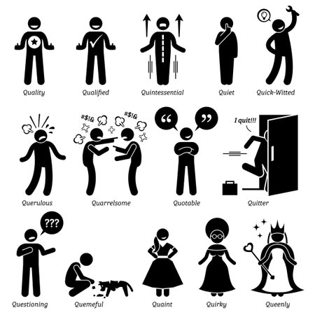 Positive Negative Neutral Personalities Character Traits. Stick Figures Man Icons. Starting with the Alphabet Q.のイラスト素材