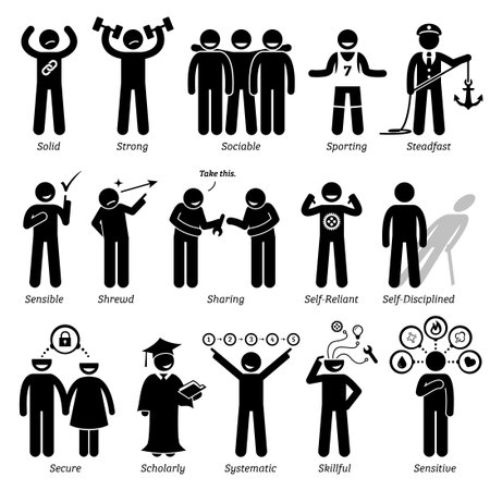 Positive Personalities Character Traits. Stick Figures Man Icons. Starting with the Alphabet S.のイラスト素材