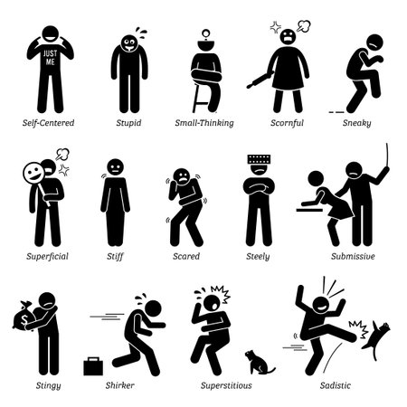 Negative Personalities Character Traits. Stick Figures Man Icons. Starting with the Alphabet S.のイラスト素材