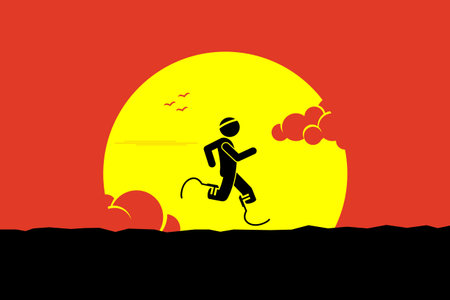 Handicap runner running with running blades or prosthetics leg with a big sun and cloud at the background. Vector artwork depicts a strong determined, disable sport man.のイラスト素材