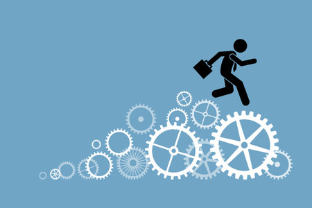 Businessman business person running on cogwheels. Vector artwork depict working, production, process, and engineering technology.のイラスト素材