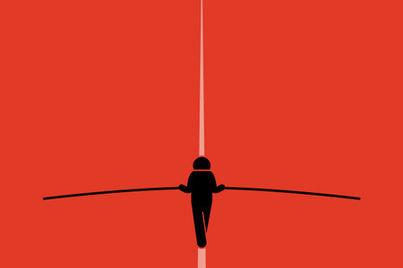 Tightrope walker walking and balancing on the wire with a long pole. He is taking risk and challenging himself doing the stunt. Simple vector background with copy space.のイラスト素材