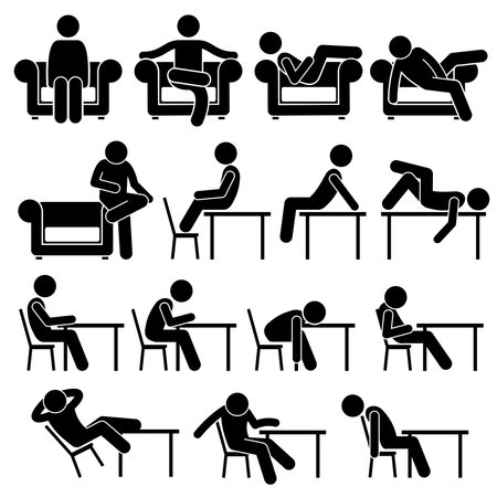 Sitting on Sofa Couch Working Chair Lounge Table Poses Postures Human Man People Stick Figure Stickman Pictogram Iconsのイラスト素材
