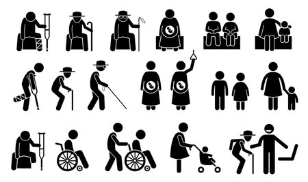 Priority seats for old man, senior citizen, blind man, pregnant woman, children, mother with kid or baby, adult with toddler, handicap, disabled and injured people. Privilege chair for people in need.のイラスト素材