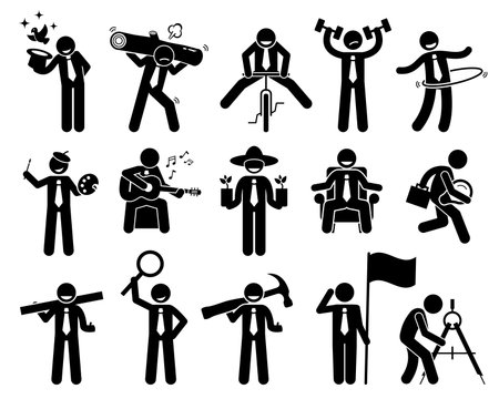 Entrepreneur businessman doing various activities. He is playing magician, riding bicycle, carrying weights, exercise, drawing, playing guitar, gardening, searching ideas, construction and building.のイラスト素材