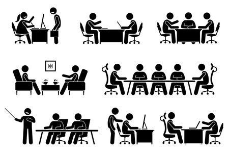 business meeting, conference, and discussion. The meet up are business proposal, brainstorming, annual general meeting, and presentation. They are marketeer, director, and entrepreneur.のイラスト素材