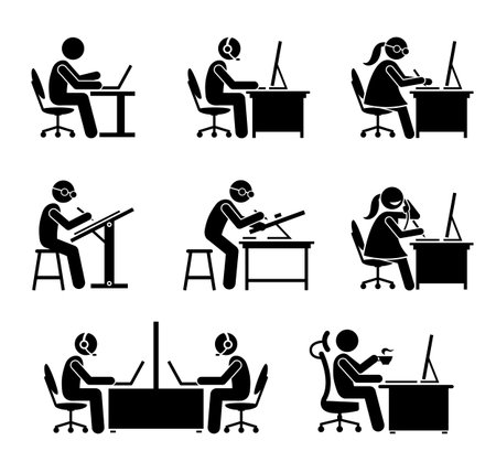 Employee working with computer and laptop at office. These jobs include programmer, software engineer, support, call center, customer service, secretary, helpdesk, receptionist, , and CEO.のイラスト素材