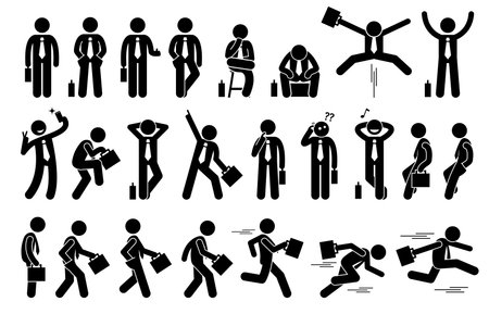 Businessman with various poses and actions. The businessperson man is standing, sitting, thinking, raising hand, taking selfie, winning, . On side view he is walking, running, and jumping.のイラスト素材