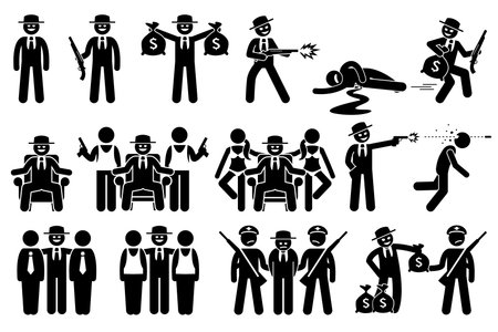 Mafia boss. Rich criminal killing people. Thug leader with sidekicks and whores. This wealthy mafioso have cronies and gangster group. Police caught the person. Corrupted policeman bribed for money.のイラスト素材