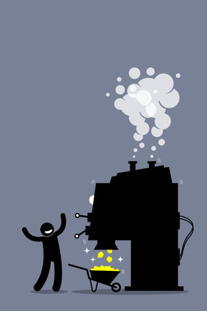 Man with a gold making machine. The person generates money and wealth by having gold automatically dropping out from the mining machine.のイラスト素材