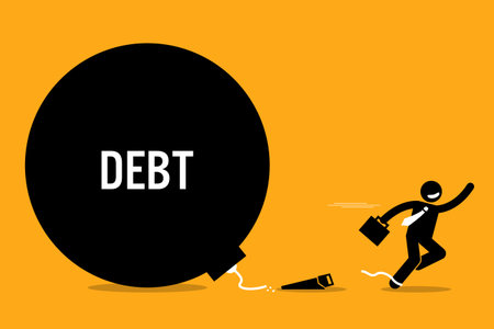 Man breaking free from debt by cutting off the chain with a saw. Vector artwork depicts financial freedom and success.のイラスト素材