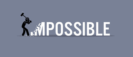 Man destroying the word impossible to possible. Vector artwork depicts possibility, opportunity, and determination.のイラスト素材