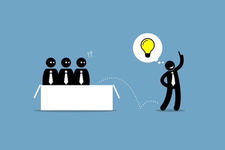 Thinking outside the box. Vector artwork depicts a businessman jumping out from the box and found a good idea.のイラスト素材