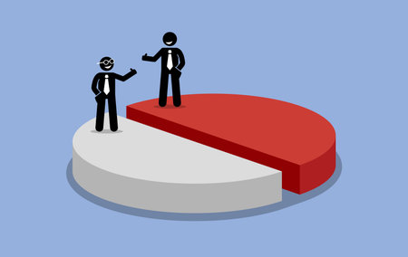 Sharing profit between two shareholders or businessman. Vector artwork depicts the company income is shared and split into half or 50-50 percent. The partners are happy and satisfied.のイラスト素材
