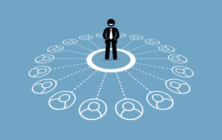 Businessman with many contacts and strong business network. Vector artwork depicts social media marketing, community network, and business relationship.のイラスト素材